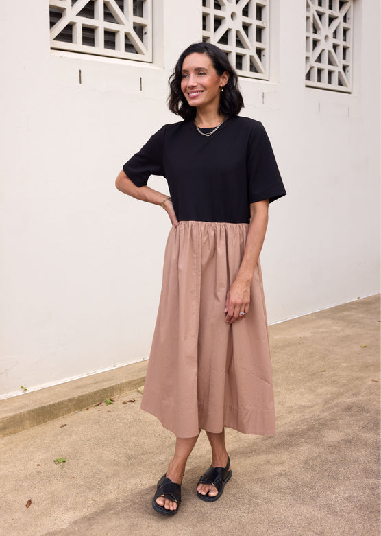 MIMI MIDI DRESS - BLACK/CAMEL