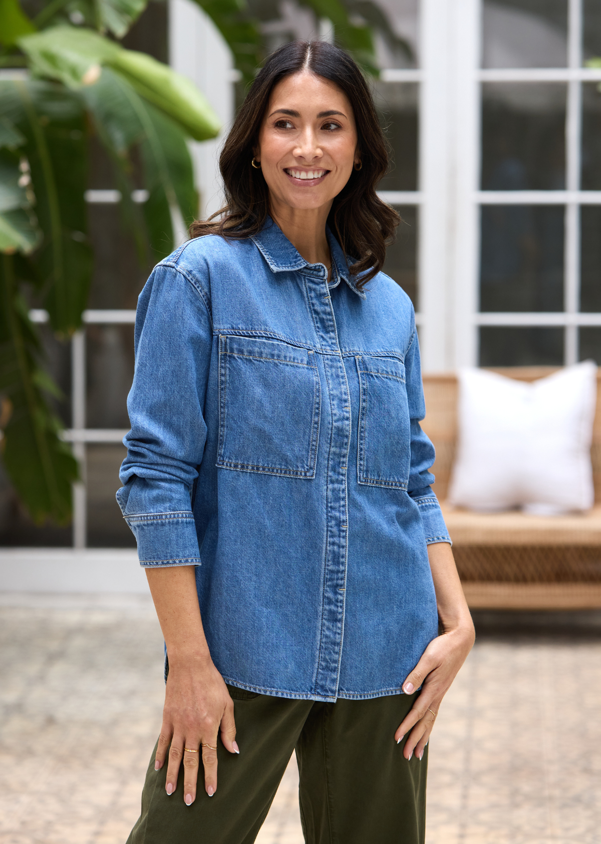 HARPER LONG SLEEVE DENIM SHIRT - MID BLUE