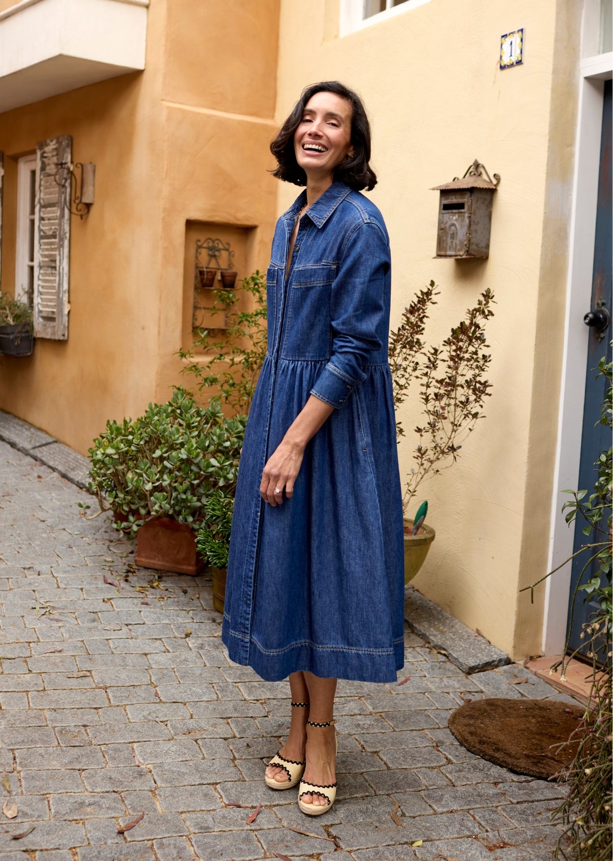 HARPER LONG SLEEVE DENIM SHIRTDRESS - MID BLUE - PETITE