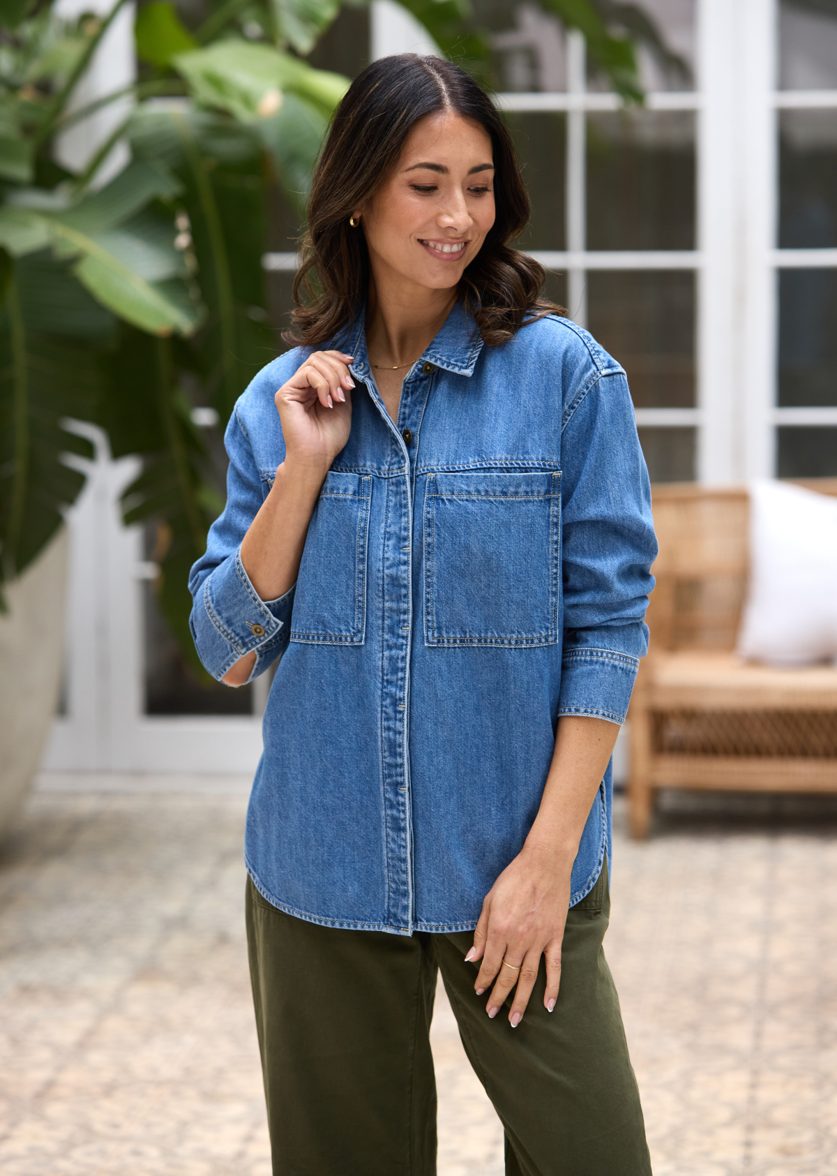 HARPER LONG SLEEVE DENIM SHIRT - MID BLUE