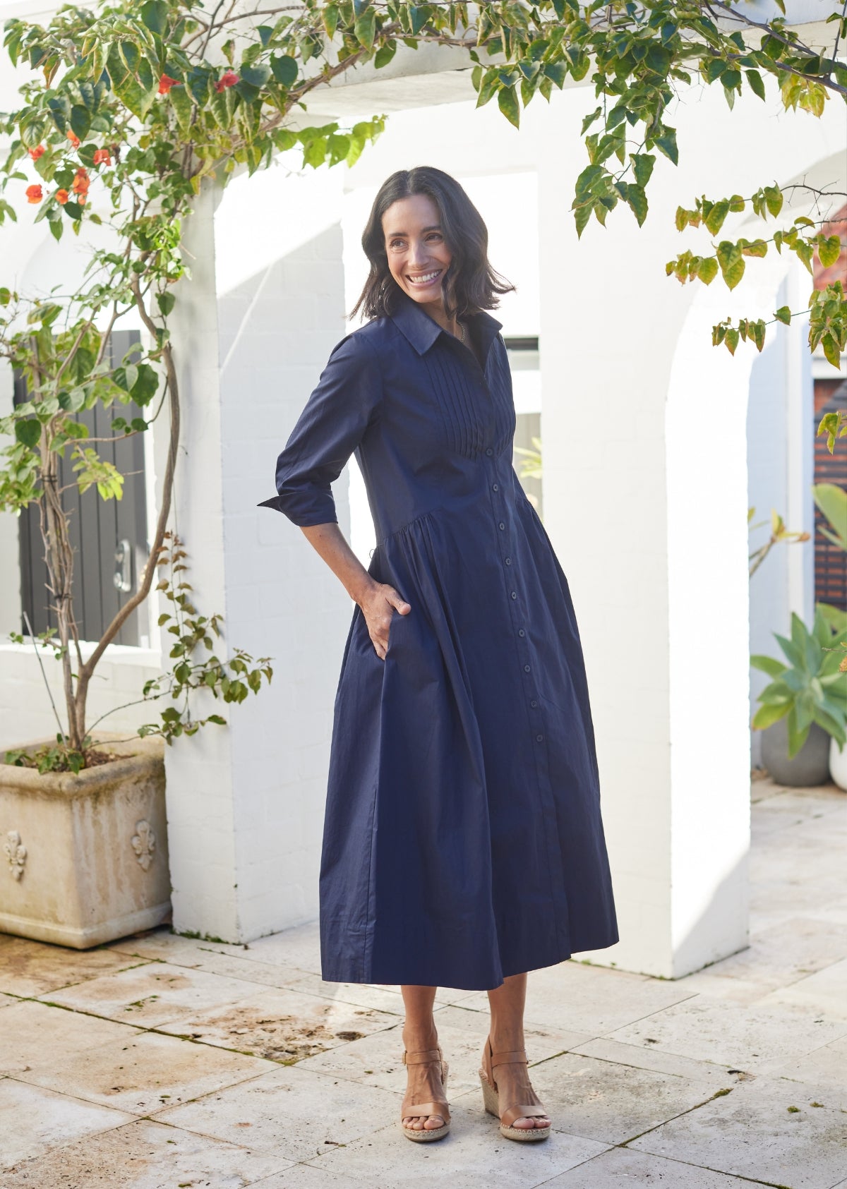 Susie Midi Shirtdress - French Navy - 3/4 Sleeves w/ Pockets | MAYE, L Susie Midi Shirtdress - French Navy - 3/4 Sleeves w/ Pockets | MAYE, L