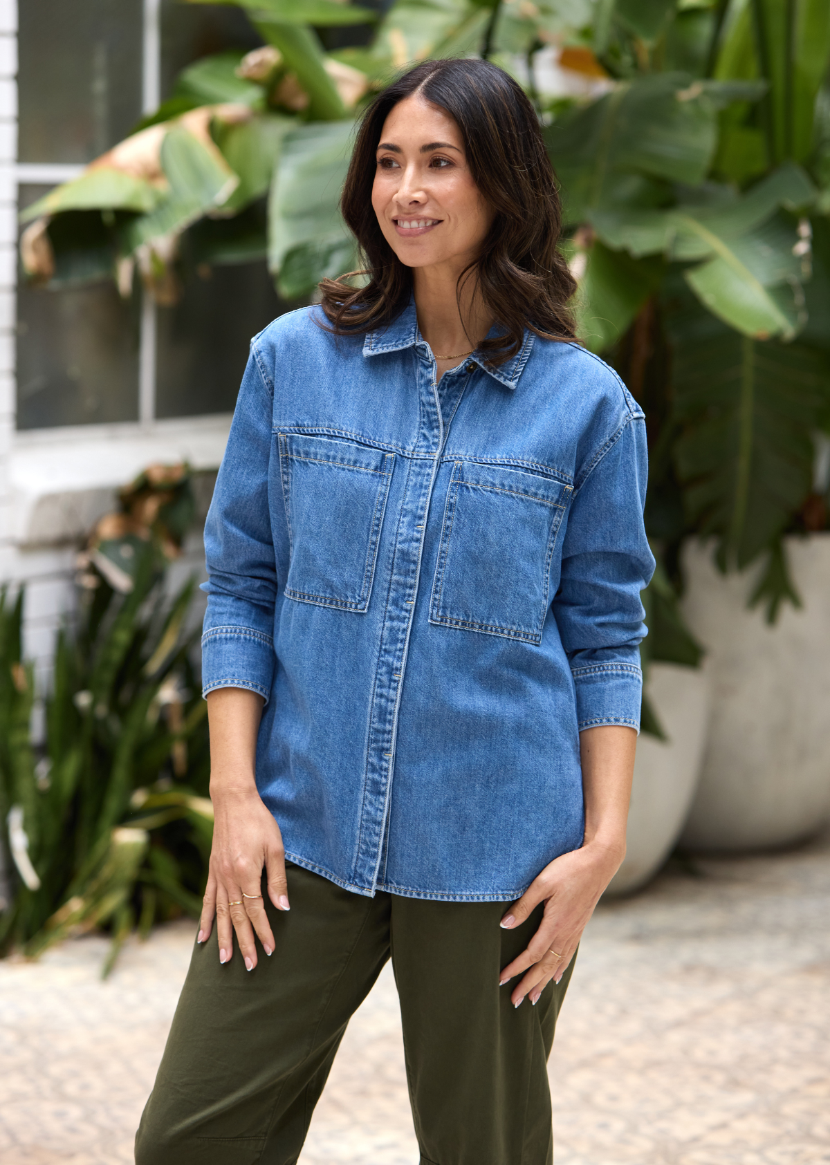 HARPER LONG SLEEVE DENIM SHIRT - MID BLUE