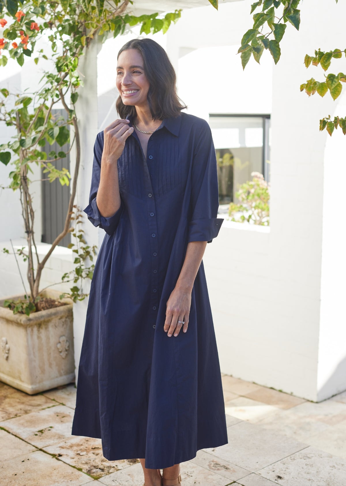 navy blue shirt dress Susie Midi Shirtdress - French Navy - 3/4 Sleeves w/ Pockets