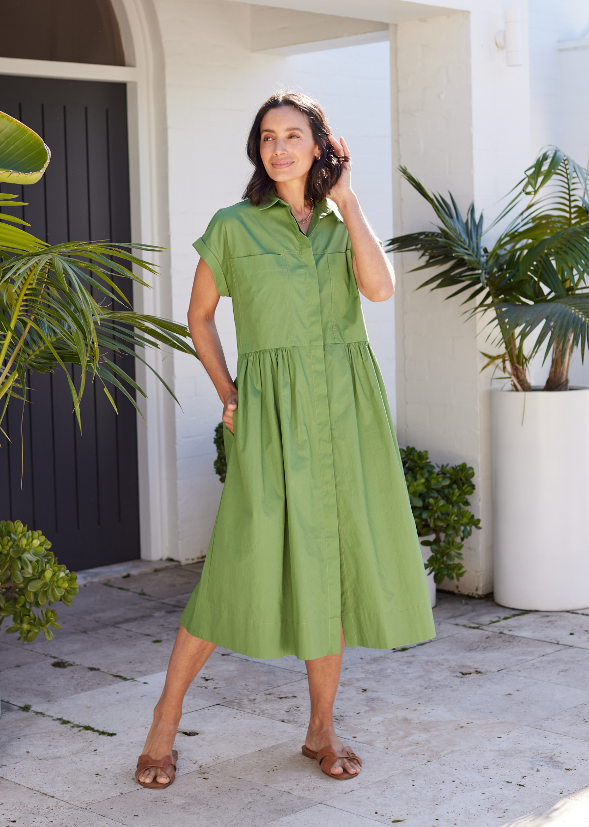 Harper Midi Shirtdress w/ Cap Sleep - Apple Green - Petite - 100% Cotton Poplin | MAYE, S Harper Midi Shirtdress w/ Cap Sleep - Apple Green - Petite - 100% Cotton Poplin | MAYE, S