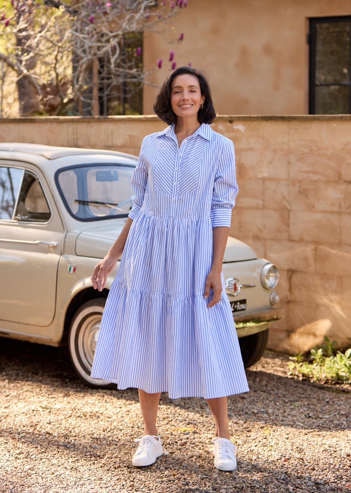 maye shirt dress Jasmine Shirtdress - Berry - Striped Cotton Shirtdress w/ Cuffed Long Sleeves, L