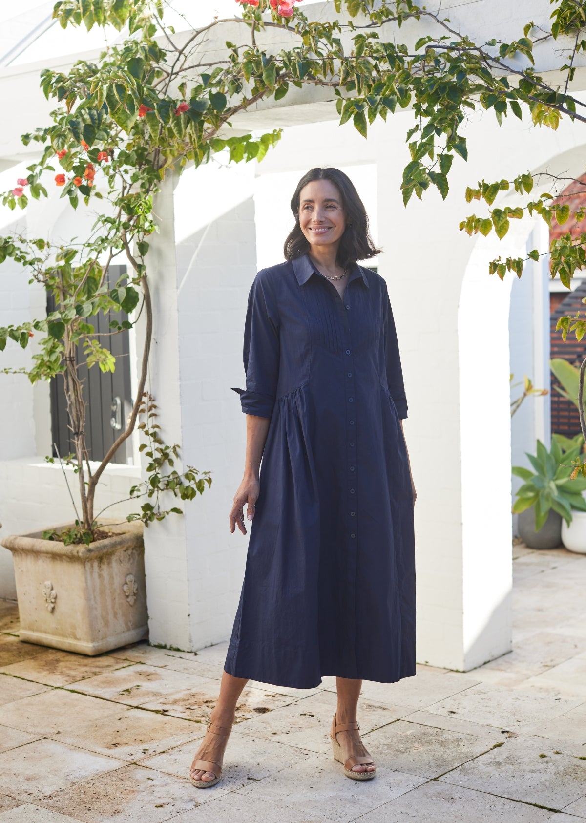 navy shirt dress Susie Midi Shirtdress - French Navy - 3/4 Sleeves w/ Pockets