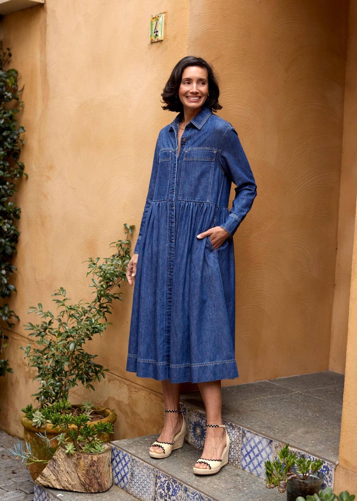 HARPER LONG SLEEVE DENIM SHIRTDRESS - MID BLUE - PETITE