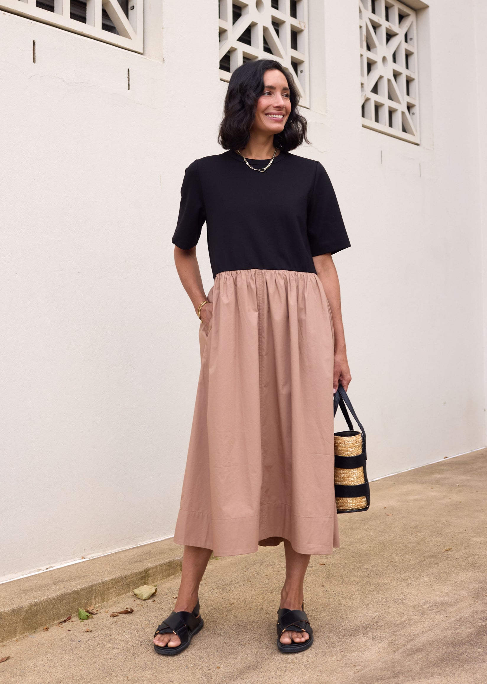 MIMI MIDI DRESS - BLACK/CAMEL