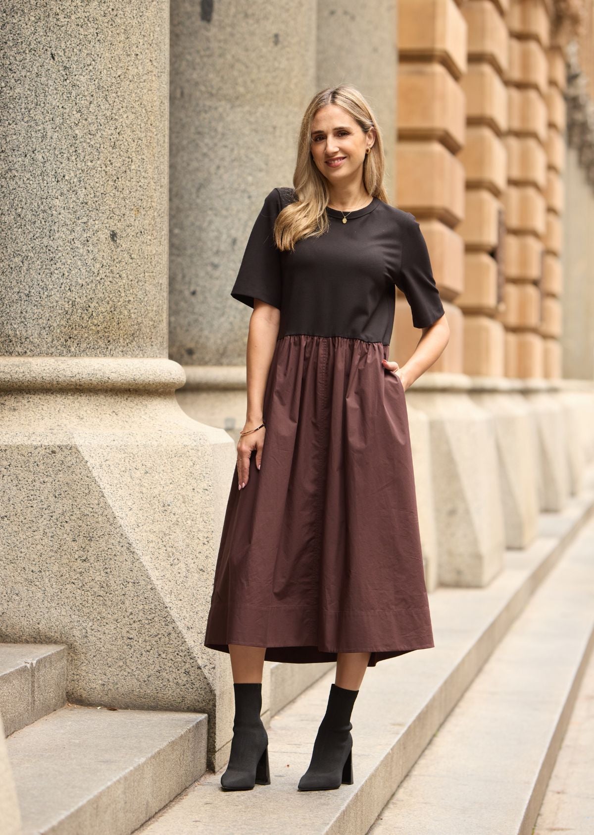 MIMI MIDI DRESS - BLACK/CHOCOLATE