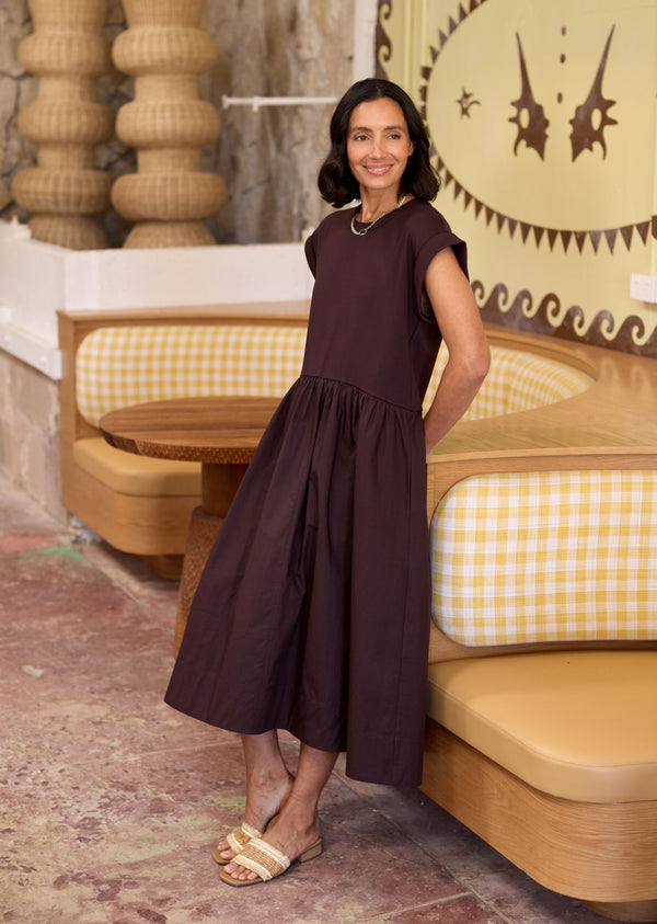 greta midi dress misha Greta Midi Dress - Chocolate - Understated Staple Dress, XL
