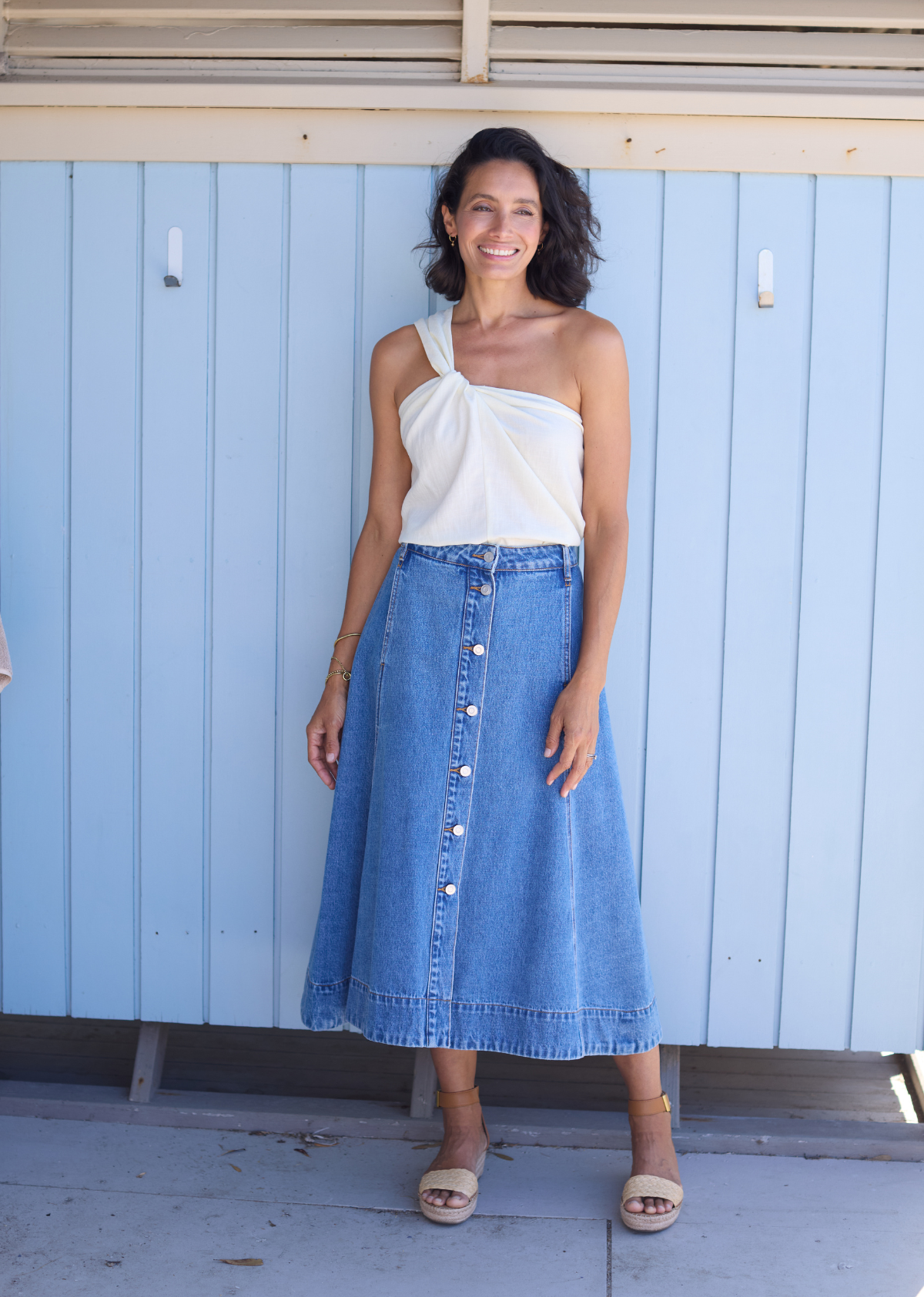 CARA DENIM MIDI SKIRT - MID BLUE