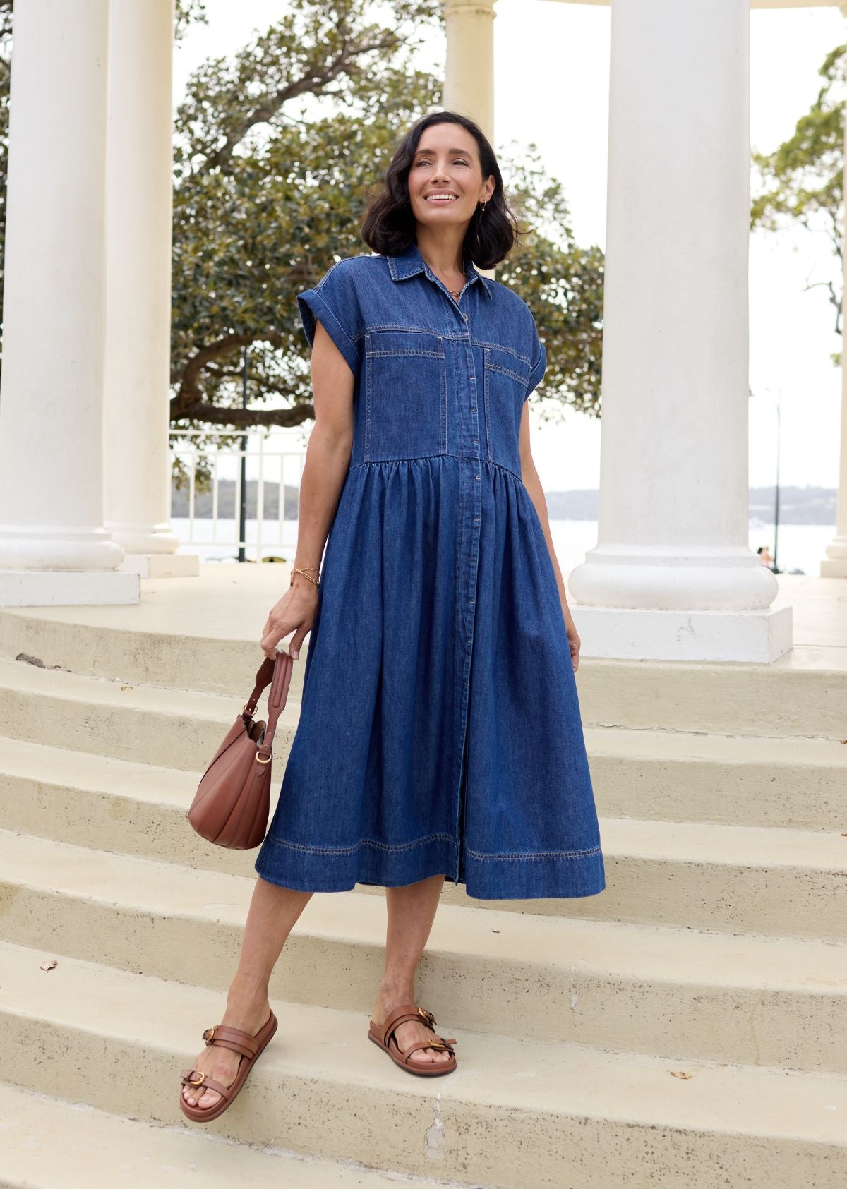 Harper Denim Midi Dress - Mid Blue - Petite - 100% Cotton, Cap Sleeve, S | MAYE Harper Denim Midi Dress - Mid Blue - Petite - 100% Cotton, Cap Sleeve, S | MAYE