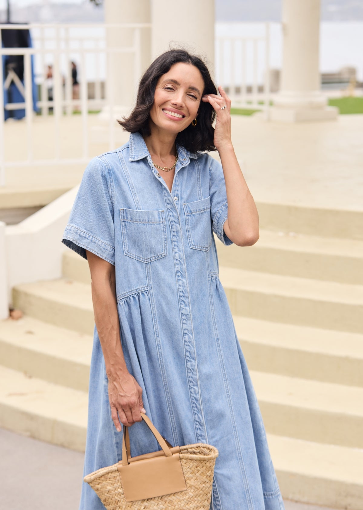 Montana Denim Midi Shirtdress - Light Blue - Short Sleeves w/ Button Down Front, S | MAYE Montana Denim Midi Shirtdress - Light Blue - Short Sleeves w/ Button Down Front, S | MAYE