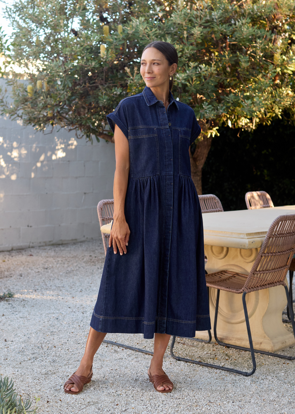 Harper Denim Midi Dress - Indigo - 100% Cotton - Relaxed Waist Seam Harper Denim Midi Dress - Indigo - 100% Cotton - Relaxed Waist Seam
