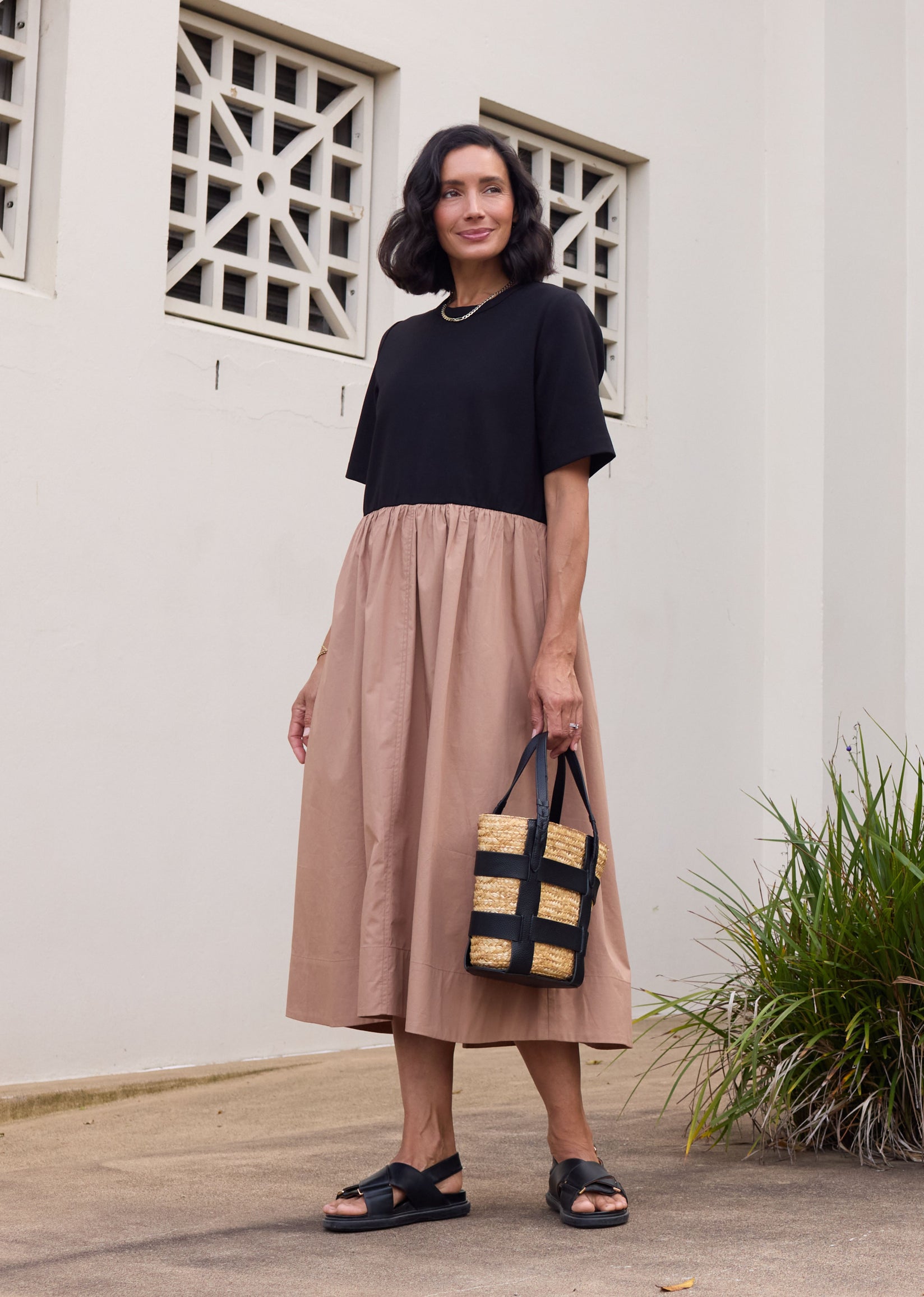 MIMI MIDI DRESS - BLACK/CAMEL