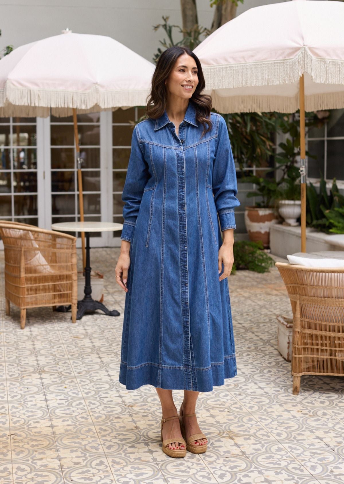 LILLIE LONG SLEEVE DENIM DRESS - MID BLUE