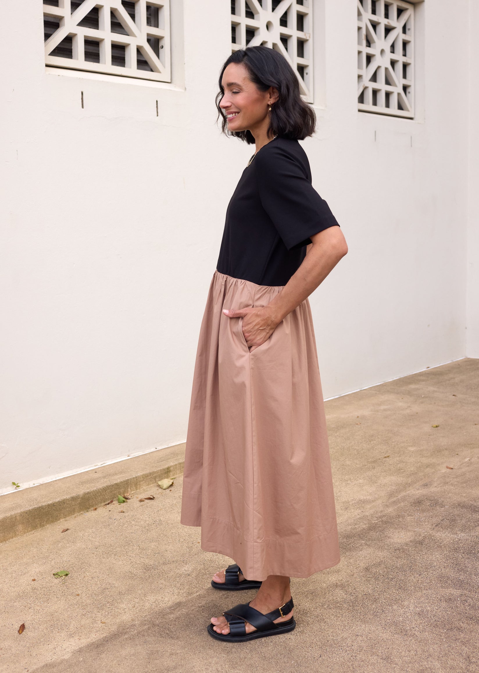 MIMI MIDI DRESS - BLACK/CAMEL - PETITE