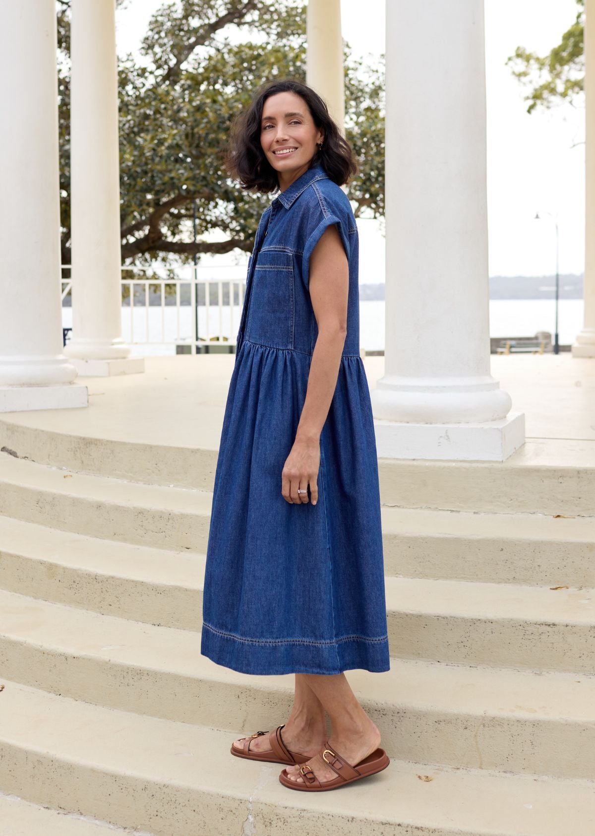 HARPER DENIM DRESS - MID BLUE - PETITE