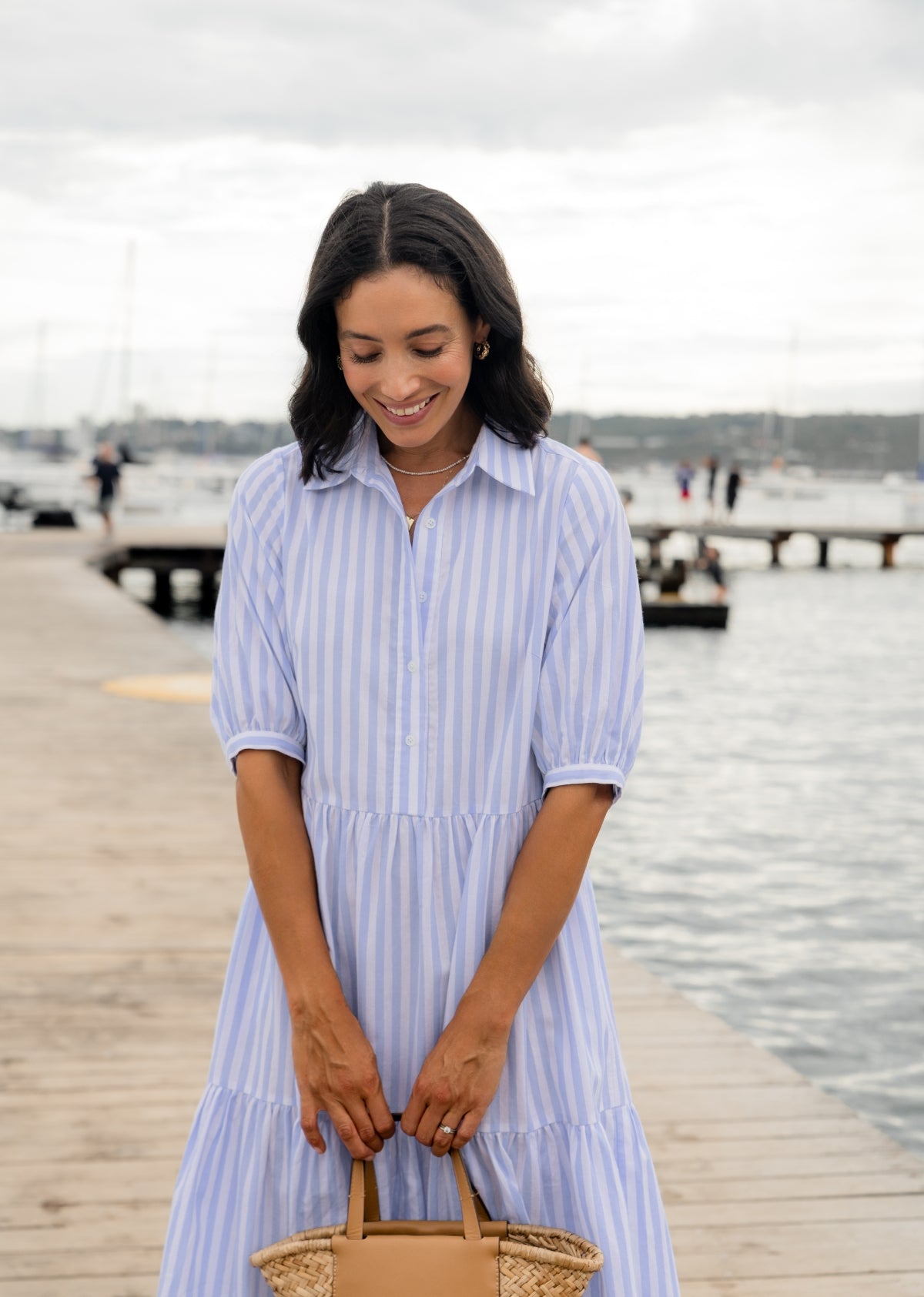 Marnie Midi Shirtdress - 100% Cotton - Sky Blue - Side Pockets w/ Collar & Sleeves | MAYE, S Marnie Midi Shirtdress - 100% Cotton - Sky Blue - Side Pockets w/ Collar & Sleeves | MAYE, S