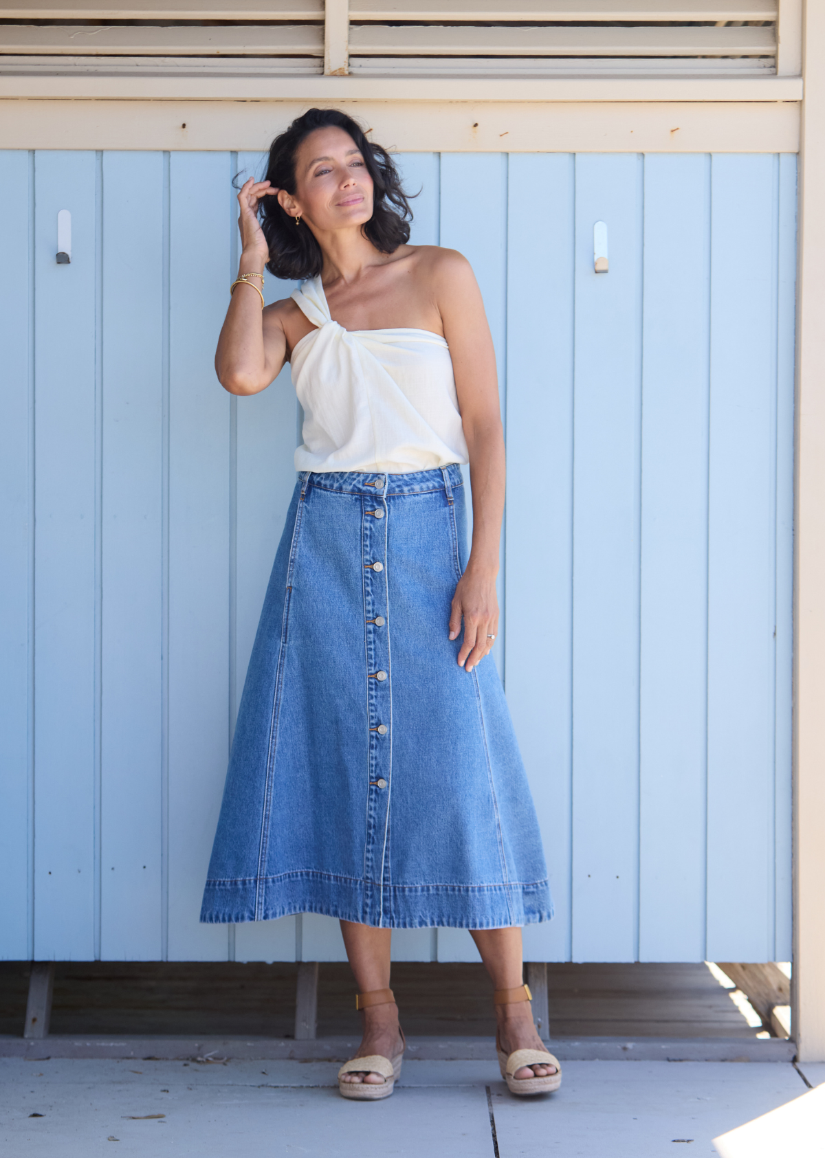 CARA DENIM MIDI SKIRT - MID BLUE