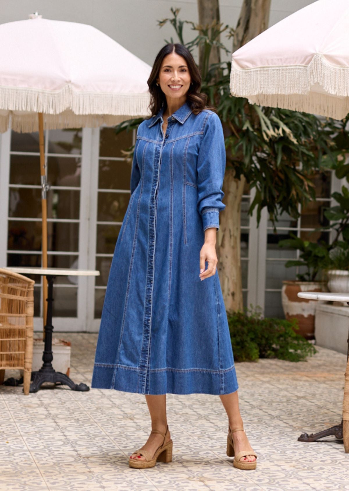 LILLIE LONG SLEEVE DENIM DRESS - MID BLUE