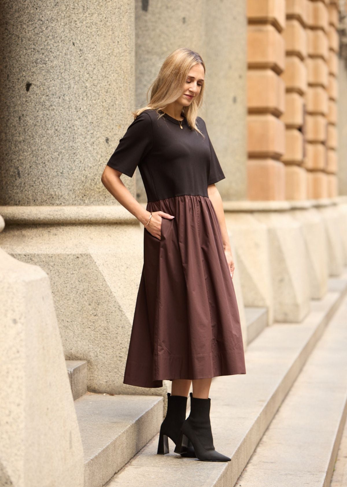 MIMI MIDI DRESS - BLACK/CHOCOLATE