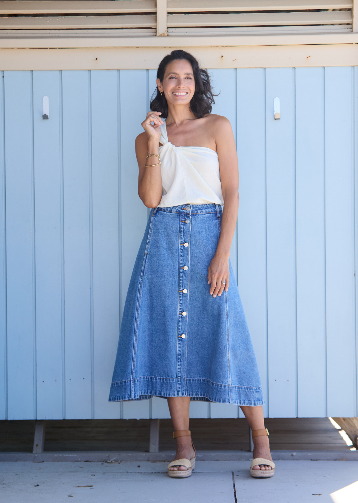 CARA DENIM MIDI SKIRT - MID BLUE