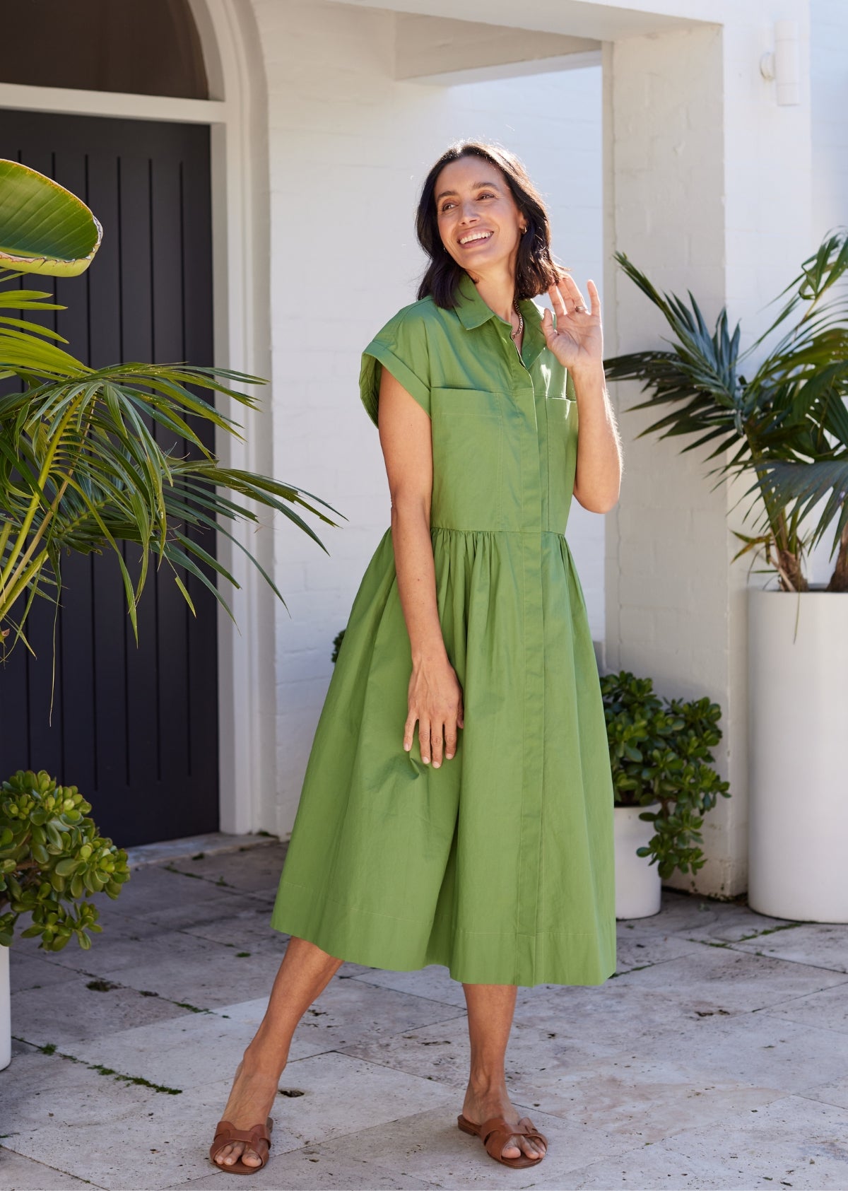 Harper Midi Shirtdress w/ Cap Sleep - Apple Green - 100% Cotton Poplin | MAYE, M Harper Midi Shirtdress w/ Cap Sleep - Apple Green - 100% Cotton Poplin | MAYE, M
