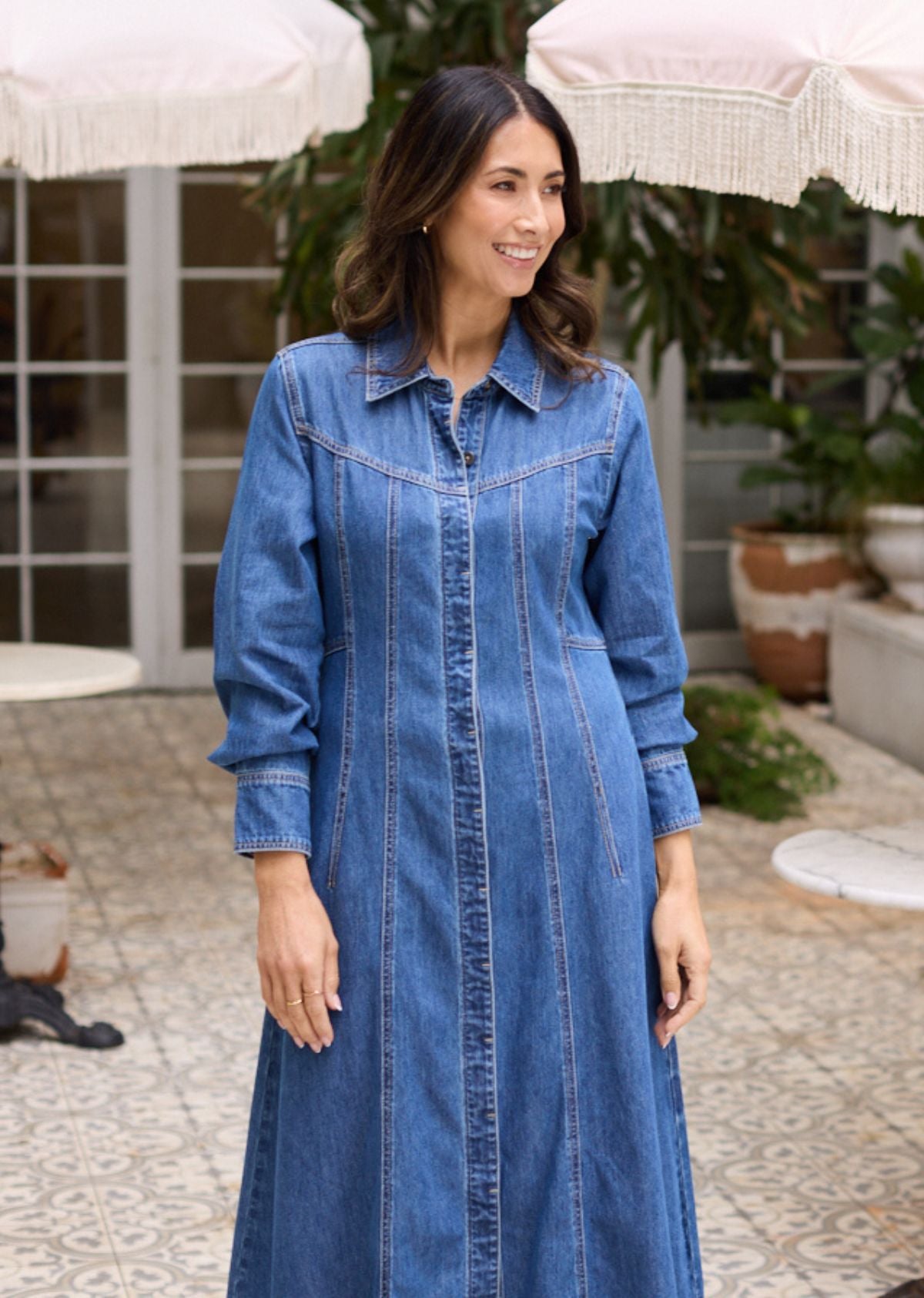 LILLIE LONG SLEEVE DENIM DRESS - MID BLUE