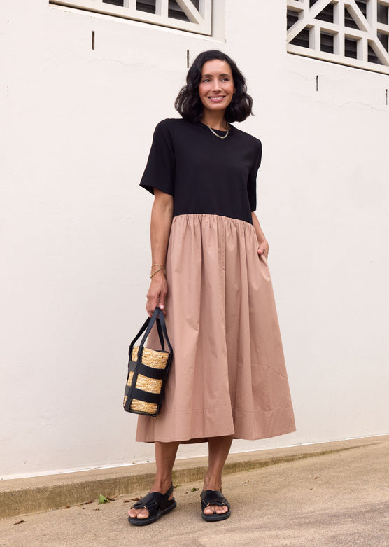 MIMI MIDI DRESS - BLACK/CAMEL - PETITE