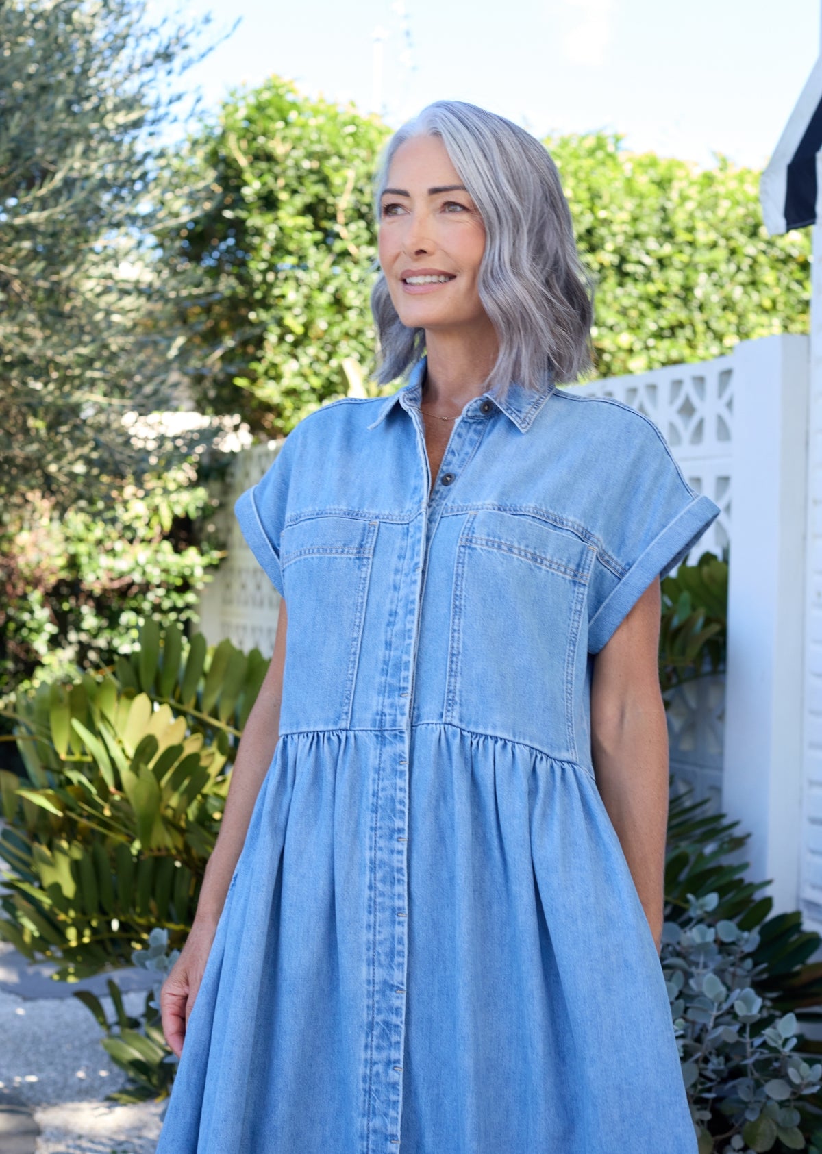 denim dress light Harper Denim Midi Dress - Light Blue - Petite - 100% Cotton - Relaxed Waist Seam