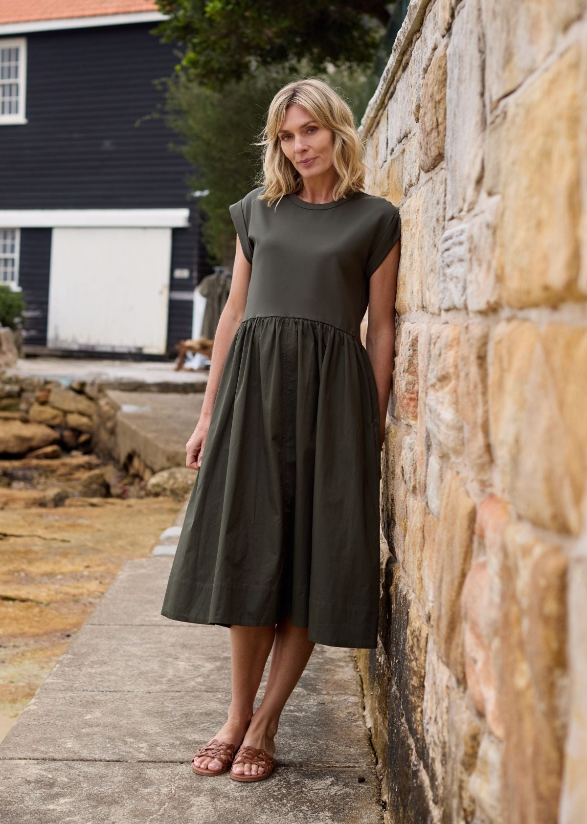 Greta Midi Dress - Khaki - Petite - Understated Staple Dress, M | MAYE Greta Midi Dress - Khaki - Petite - Understated Staple Dress, M | MAYE