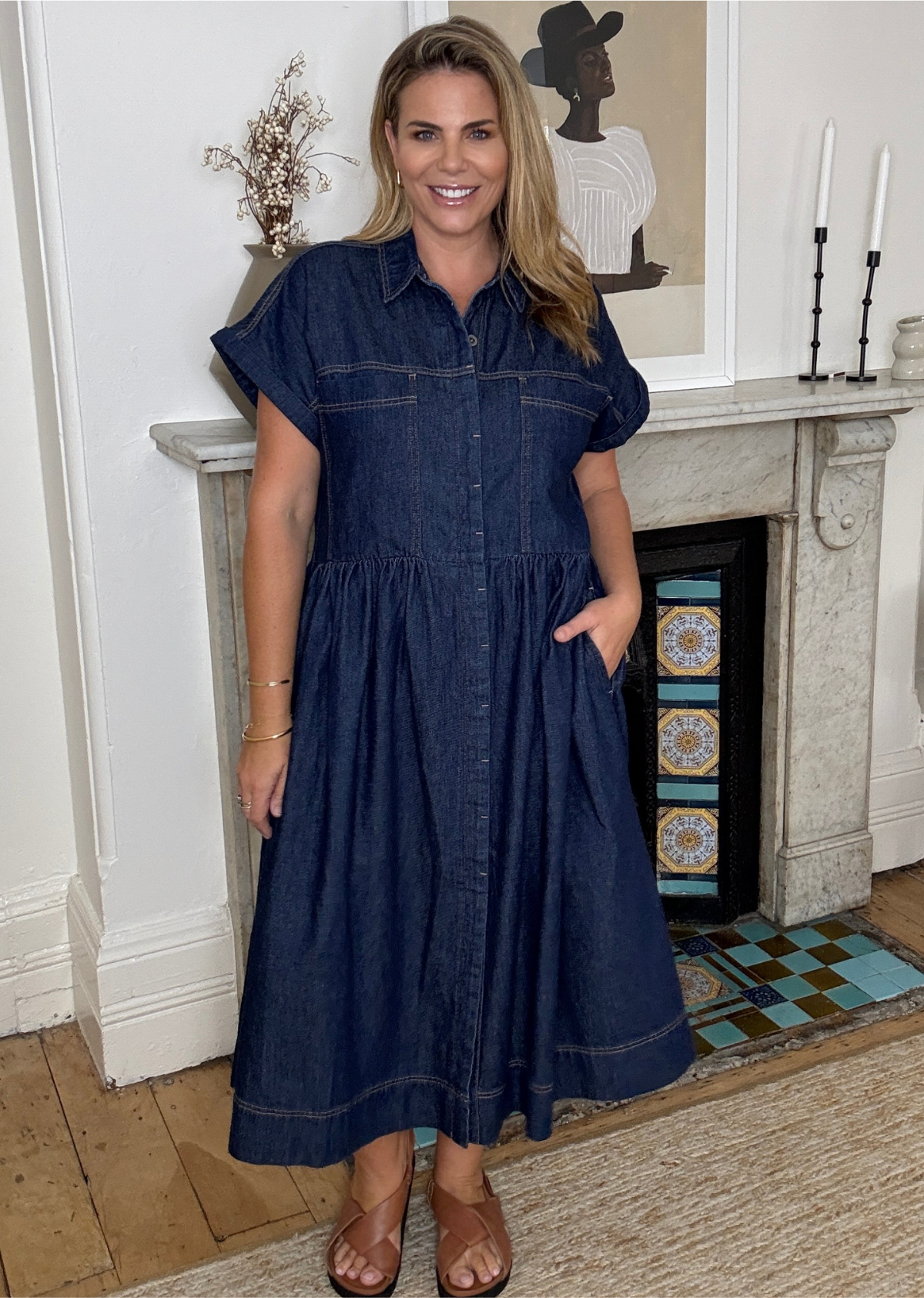 Harper Denim Midi Dress - Indigo - 100% Cotton - Relaxed Waist Seam Harper Denim Midi Dress - Indigo - 100% Cotton - Relaxed Waist Seam